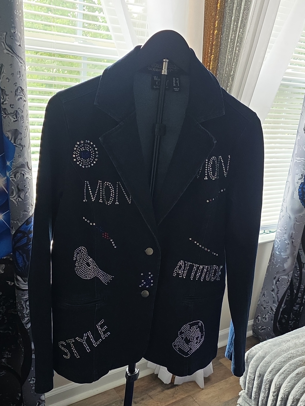 Women with Control Black Embellished Blazer with Rhinestone Motifs